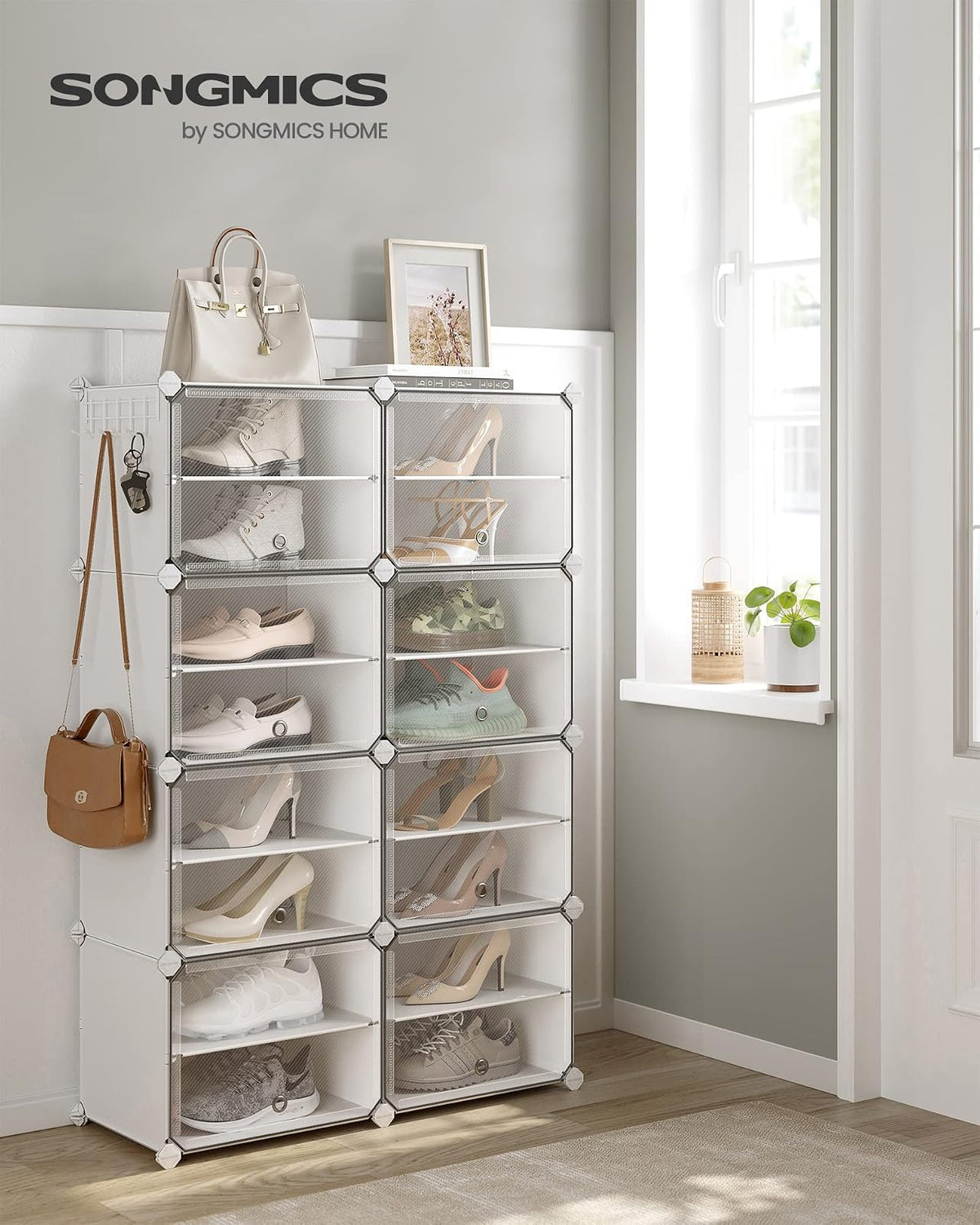 SONGMICS Zapatero Organizador de 8 Cubos con Puertas para 32 Pares, Marco de Acero y Panel de Plástico Blanco ULPC034W01