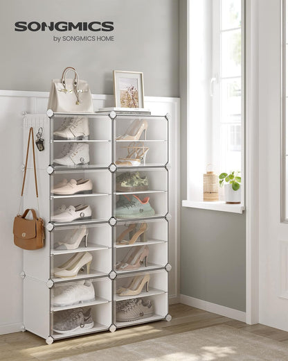 SONGMICS Zapatero Organizador de 8 Cubos con Puertas para 32 Pares, Marco de Acero y Panel de Plástico Blanco ULPC034W01