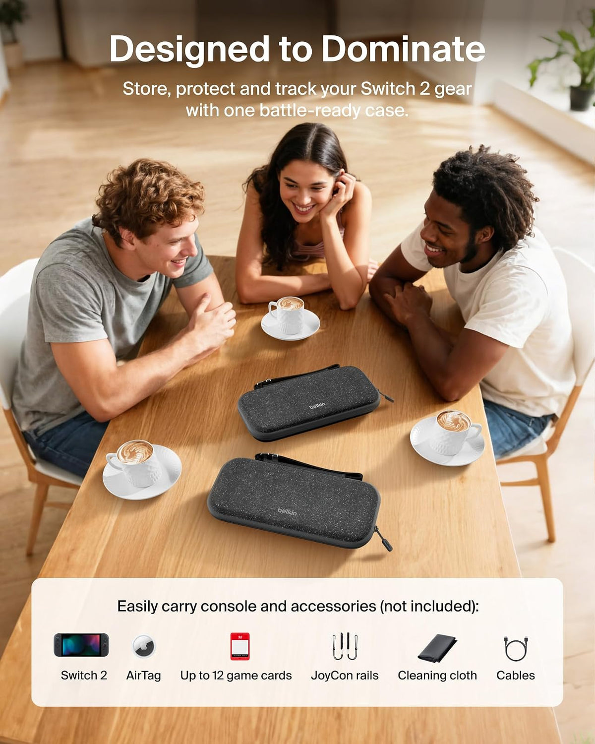 Belkin - Funda de Transporte para Nintendo Switch 2, Bolsa de Viaje con Soporte AirTag y Bolsillo de Almacenamiento para Tarjetas de Juego, portátil, Ligera, Funda Protectora con Carcasa Dura