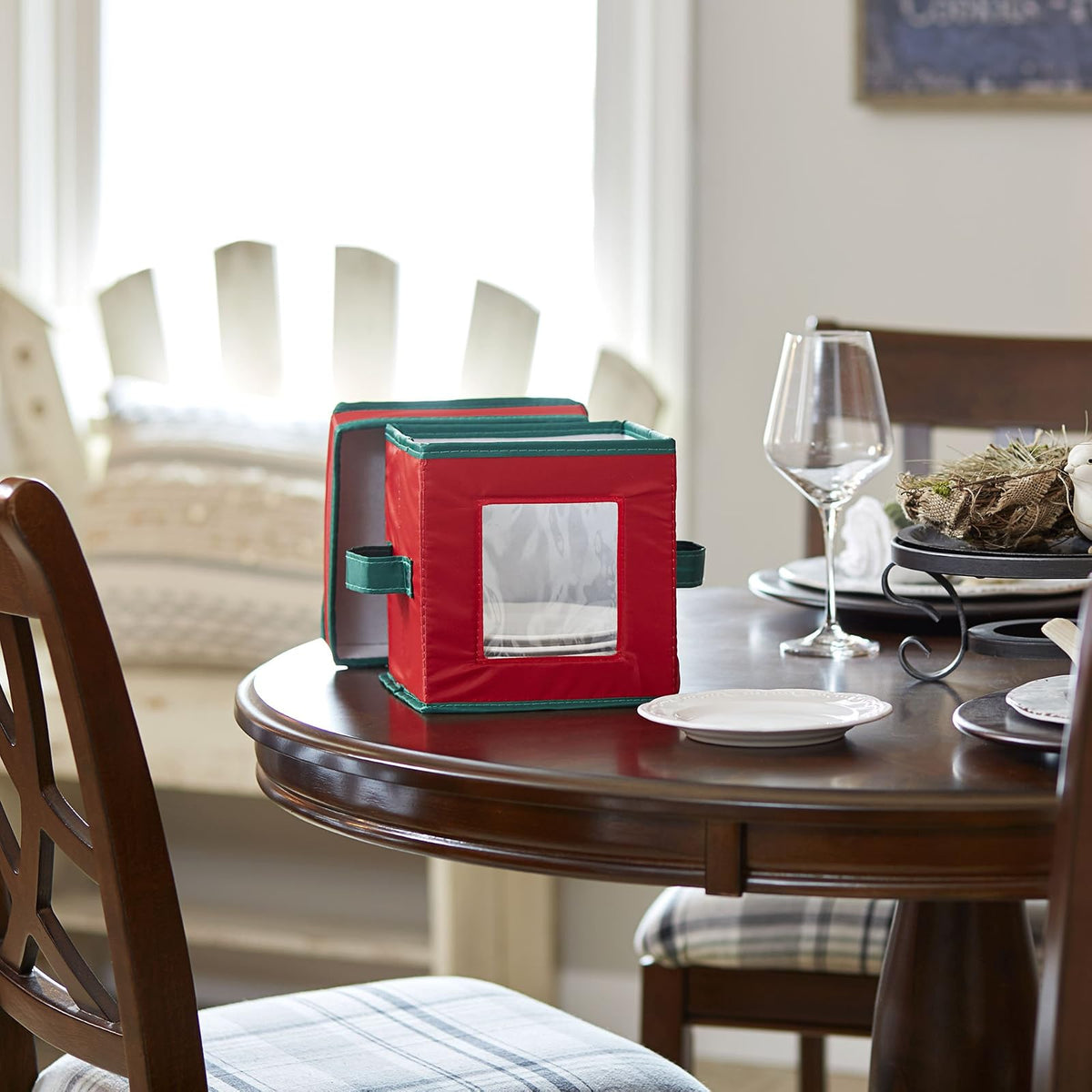 Household Essentials Holiday Dinnerware Storage Chest for Saucers, Red with Green Trim