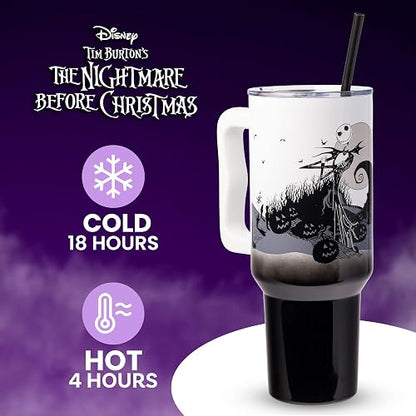 Silver Buffalo Disney Nightmare Before Christmas by Tim Burton Jack Skellington Hill and Moon Vaso de acero inoxidable con mango y popote, se adapta a portavasos estándar, 40 onzas
