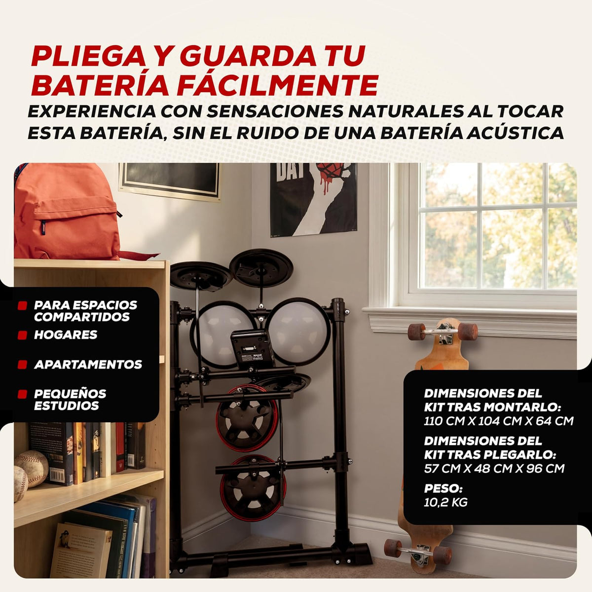 Alesis Turbo Max Batería Electrónica | Compacta, Plegable, Pads de Malla Silenciosos, Toms de 8", Platillos de 8", Bluetooth, Banqueta, Audífonos, Baquetas