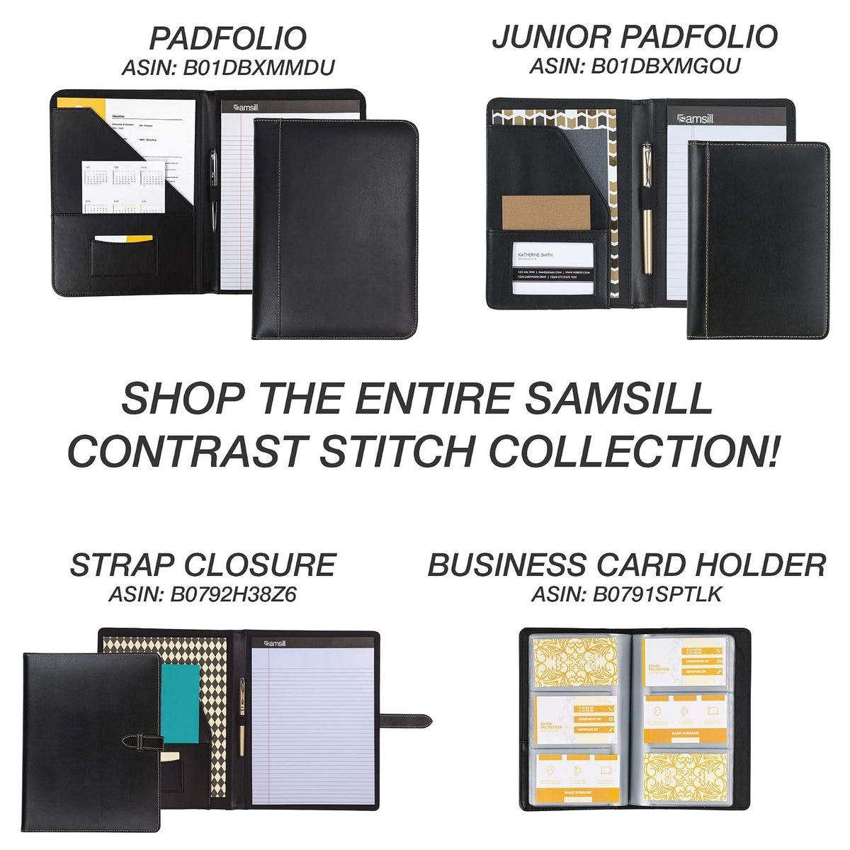 Samsill Carpeta de 3 anillas tamaño junior de 1 pulgada, piel, negro con costuras en contraste, capacidad para papel de 8.5 x 5.5 pulgadas, 3 anillos, carpeta de cuadernos, organizador de portafolios,