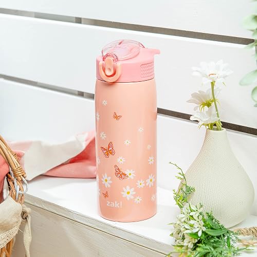 Zak Designs - Botella de agua para viajes y en casa, 19 onzas aislada al aspiradora de acero inoxidable con tapa de boquilla de bloqueo, bucle de transporte integrado, diseño a prueba de fugas