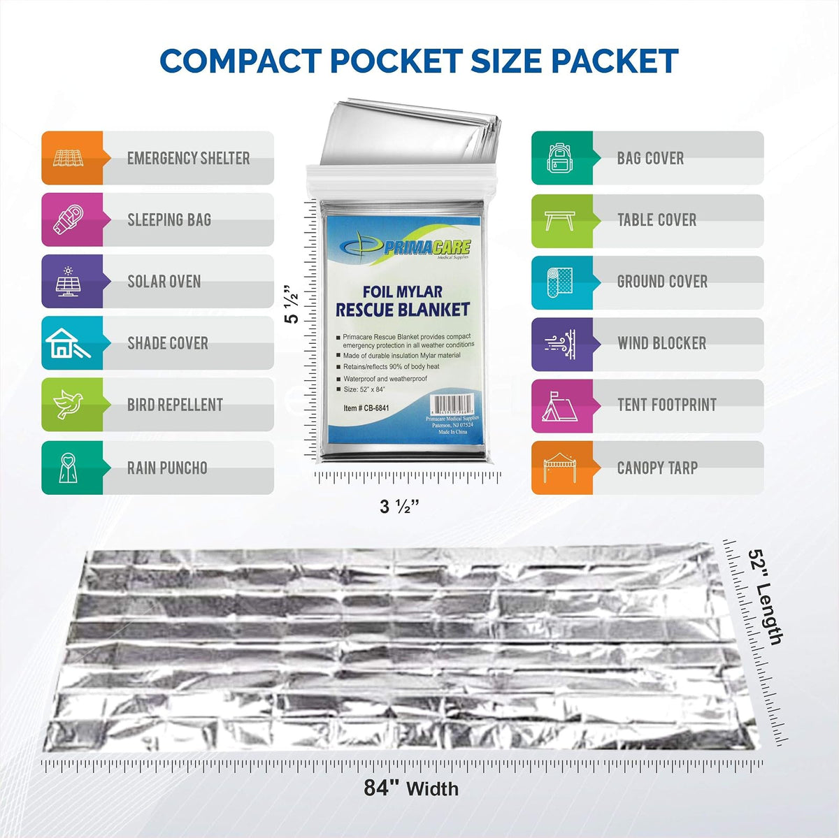 Primacare HB-10 Manta térmica de emergencia de Mylar (paquete de 10), 52 pulgadas de largo x 84 pulgadas de ancho