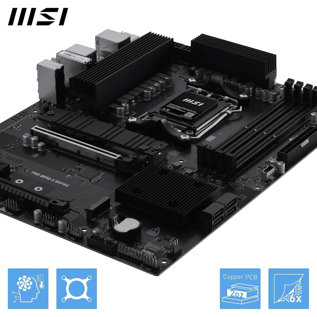 MSI Pro B850-S WIFI6E Motherboard, ATX - Compatible con procesadores AMD Ryzen 9000/8000 / 7000, AM5 - DDR5 Memory Boost (8200+ MT/s OC), PCIe 4.0 x16, M.2 Gen5, Wi-Fi 6E, LAN 2.5G
