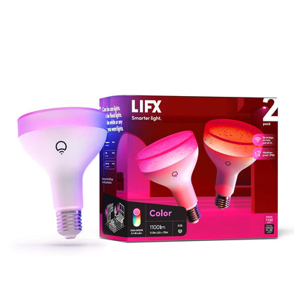 LIFX Color, BR30 1100 lúmenes, bombilla LED inteligente Wi-Fi, miles de millones de colores y blancos, no requiere puente, funciona con Alexa, Hey Google, HomeKit y Siri (2 unidades).