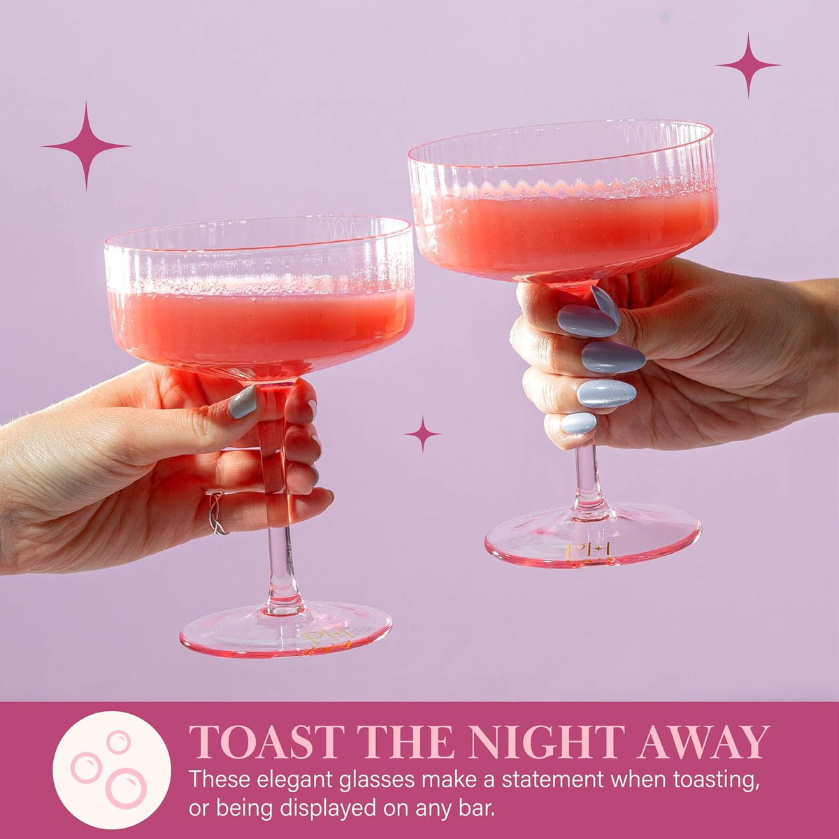 Paris Hilton - Juego de copas de cóctel acanaladas, elegante cristalería estriada, perfecto para champaña, martinis, vino y más, juego de 2, 10 onzas, rosa