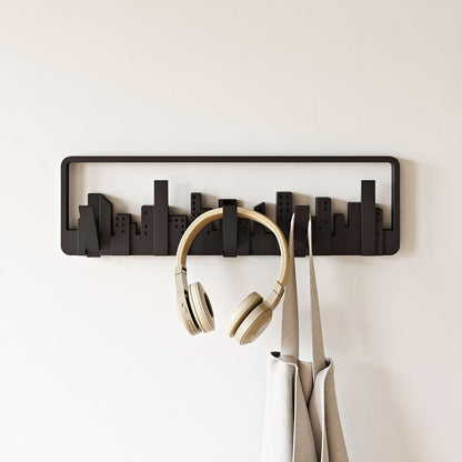 Umbra Skyline Perchero Decorativo de Pared con 5 Ganchos Retráctiles para Colgar Bolsas y Abrigos, Negro