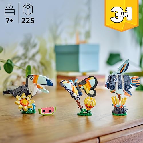 LEGO Creator 3en1 Fauna Salvaje: Tucán Tropical Figura, Se Convierte en Mariposa de Juguete o Modelo de Pez, Regalo para Amantes de la Naturaleza y Niños de 7 Años o Más 31173