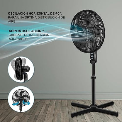 TAURUS UNIVERSE | Ventilador de Pedestal 16 Pulgadas Silencioso | ECOJET | 30% Más Aire y Mayor Eficiencia Energética | 3 Velocidades | 6 Aspas | Oscilación Amplia