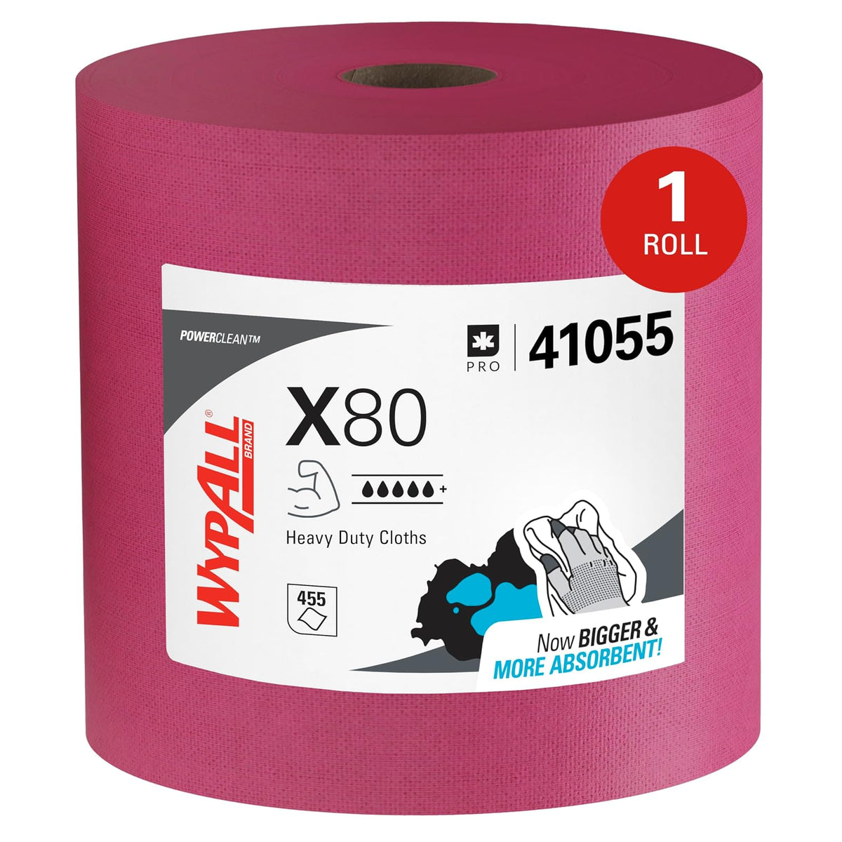 WypAll PowerClean X80 - Toallitas resistentes (41055), Jumbo, toallas de uso extendido, rojo (1 rollo de 455 hojas, 455 hojas en total)