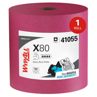 WypAll PowerClean X80 - Toallitas resistentes (41055), Jumbo, toallas de uso extendido, rojo (1 rollo de 455 hojas, 455 hojas en total)