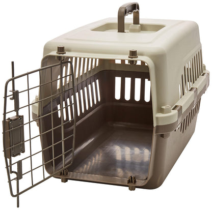 Transportadora para perros y gatos de hasta 5 kg, economica, puerta metalica, 45X30X29cm, color café