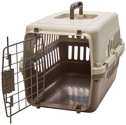 Transportadora para perros y gatos de hasta 5 kg, economica, puerta metalica, 45X30X29cm, color café