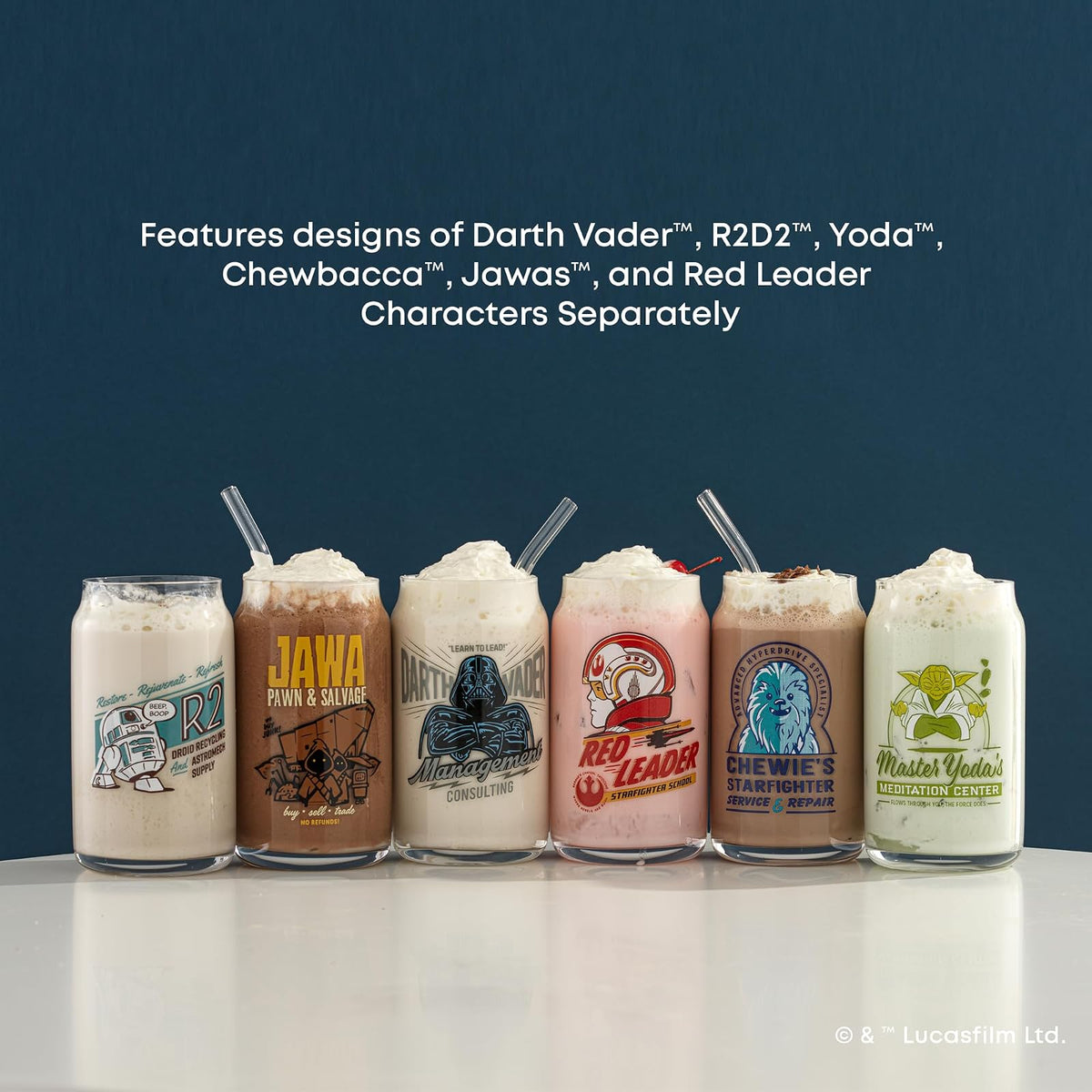 JoyJolt Star Wars Retro clásico Collection - Vasos de vidrio de 16.9 onzas, con Darth Vader, R2D2, Yoda, Chewbacca, Red Leader, Jawa - Juego de 6 vasos de vidrio con popotes de vidrio