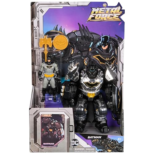 DC Comics figura de acción de Batman de la colección Metal Force de 15 cm con minifigura de 10 cm, bláster y traje de armadura integrados, juguetes de superhéroes para niños y niñas a partir de 4 años