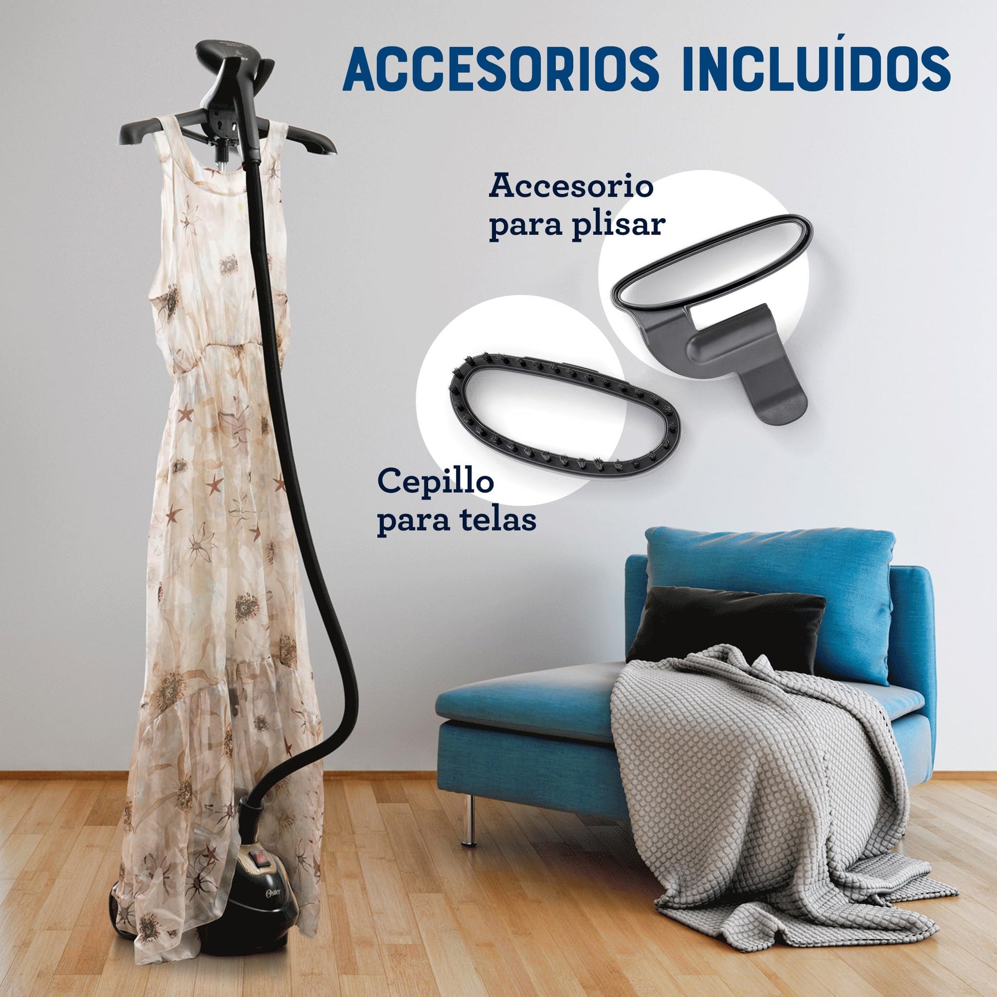 Oster® Vaporizador de Ropa de Pedestal Vertical, con Gancho 360° para Sostener las Prendas, Negro
