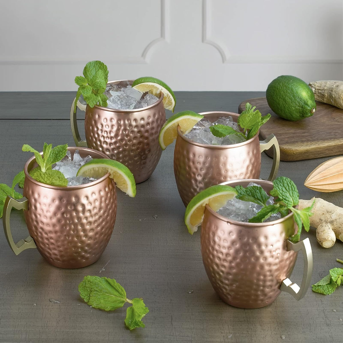 Arora - Vaso de metal Moscú Mule de cobre, taza de aluminio de 22 onzas, juego de 4