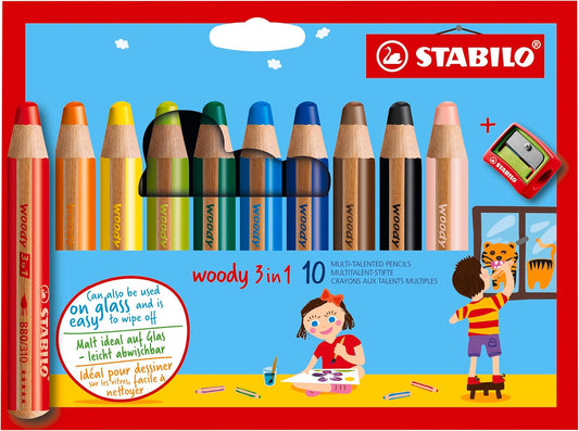 STABILO Woody 3 en 1 lápiz, juego de 10 colores, multicolor de madera