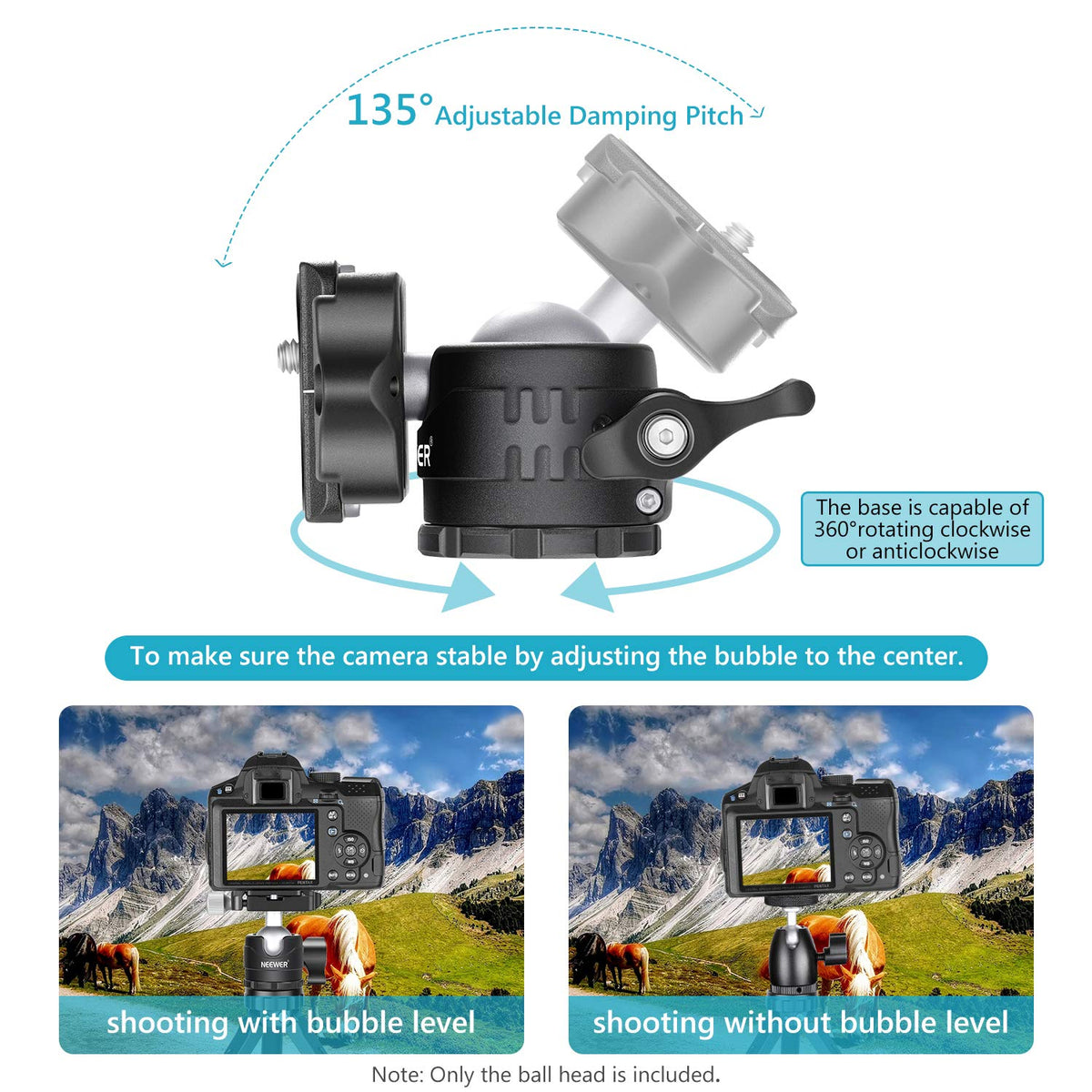 NEEWER Cabeza de Bola de Trípode de Perfil Bajo de 28mm Rotación Panorámica de 360°con Placa de Liberación Rápida Tipo Arca de 1/4" y Nivel de Burbuja para Trípodes Monopies, Carga Máxima: 6.6lb/5kg