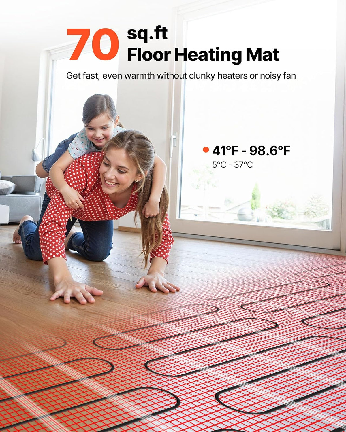 VEVOR - Sistema de calefacción por suelo radiante de malla autoadhesiva de 70 pies cuadrados (120 V), con termostato inteligente y alarma, fácil instalación para azulejos, piedra y vinilo.