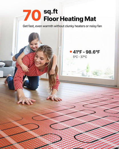 VEVOR - Sistema de calefacción por suelo radiante de malla autoadhesiva de 70 pies cuadrados (120 V), con termostato inteligente y alarma, fácil instalación para azulejos, piedra y vinilo.