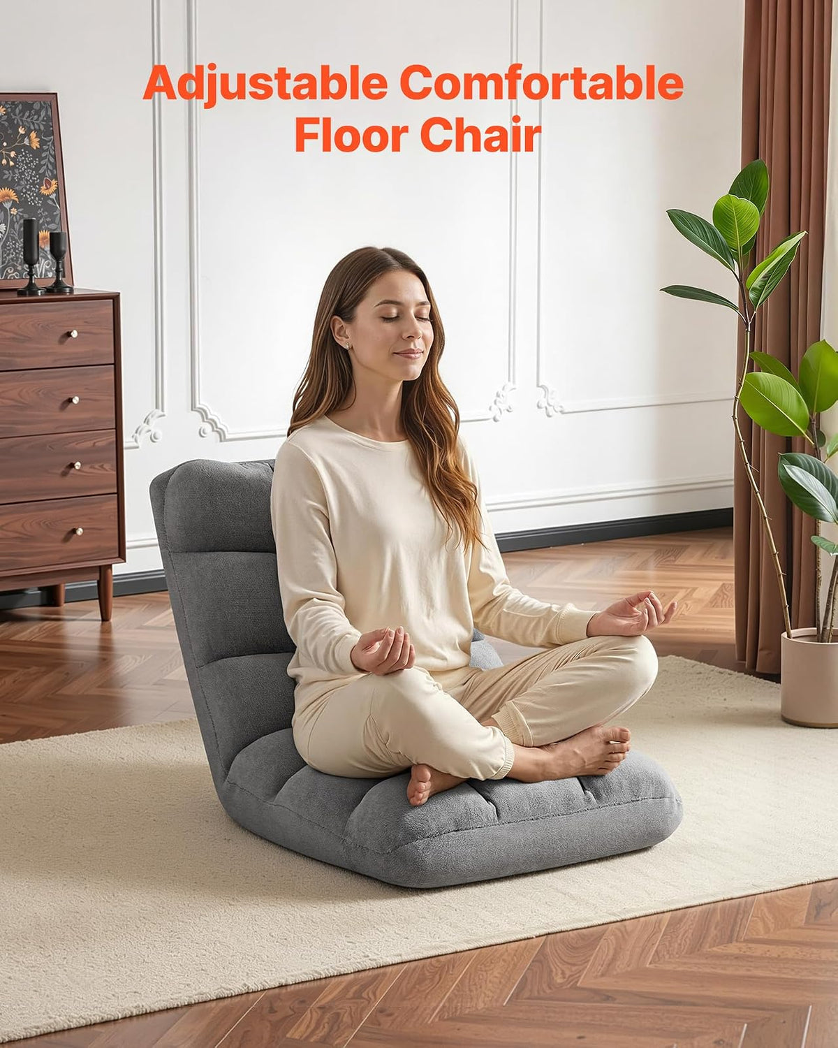 VEVOR Sillón de Suelo Relax, Sillón Reclinable con Respaldo Ajustable en 14 Posiciones, Acolchado de Espuma, Marco Metálico y Tapizado de Forro Polar Coral, para Lectura Descanso Juego, Color Gris