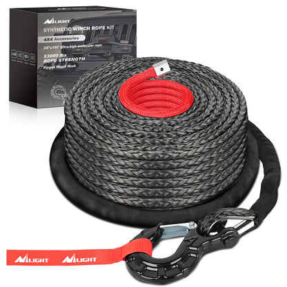 Nilight - Kit de Cuerda sintética para cabrestante de 3/8 Pulgadas x 100 pies, 25000 Libras con Funda Protectora de Cuerda de Chamarra roja forjada, Gancho de Seguridad para cabrestante de 35000