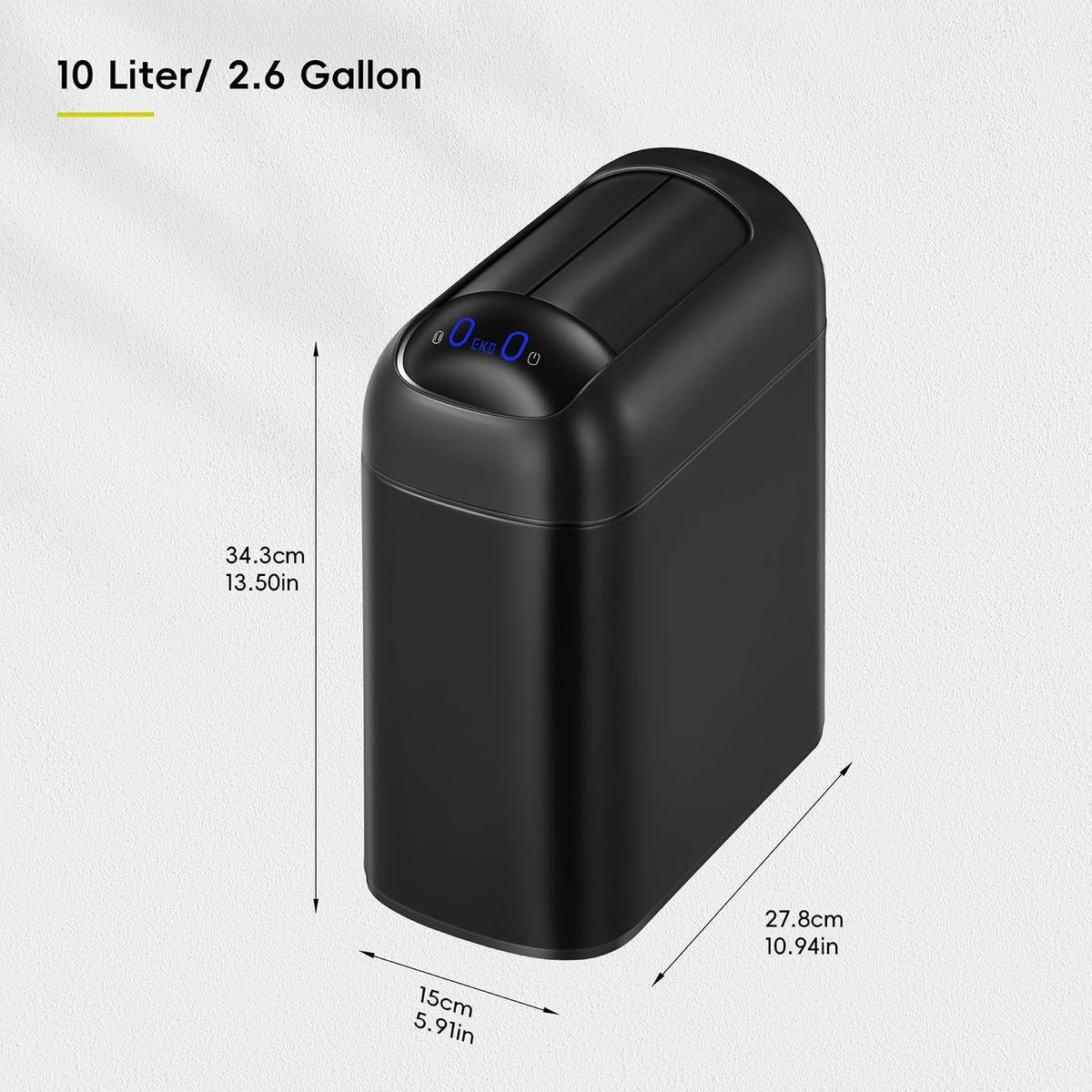 EKO Astro Slim - bote de basura con sensor, 10 litros/2.6 galones sin contacto con tapa de mariposa de cierre suave, sensor de movimiento de acero inoxidable para baño, cocina y oficina, negro mate