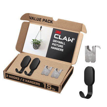 3M CLAW 15 libras. 2 ganchos negros para paneles de yeso y 2 perchas de fotos adicionales, solución pesada para colgar mochilas, chaquetas, fotos y decoración de habitaciones, bonitos ganchos de