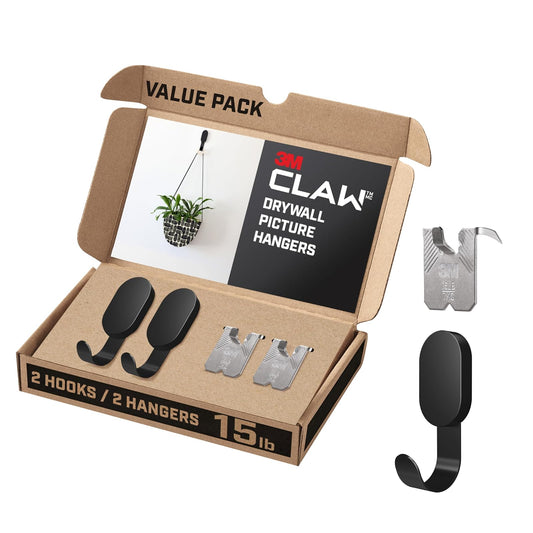 3M CLAW 15 libras. 2 ganchos negros para paneles de yeso y 2 perchas de fotos adicionales, solución pesada para colgar mochilas, chaquetas, fotos y decoración de habitaciones, bonitos ganchos de
