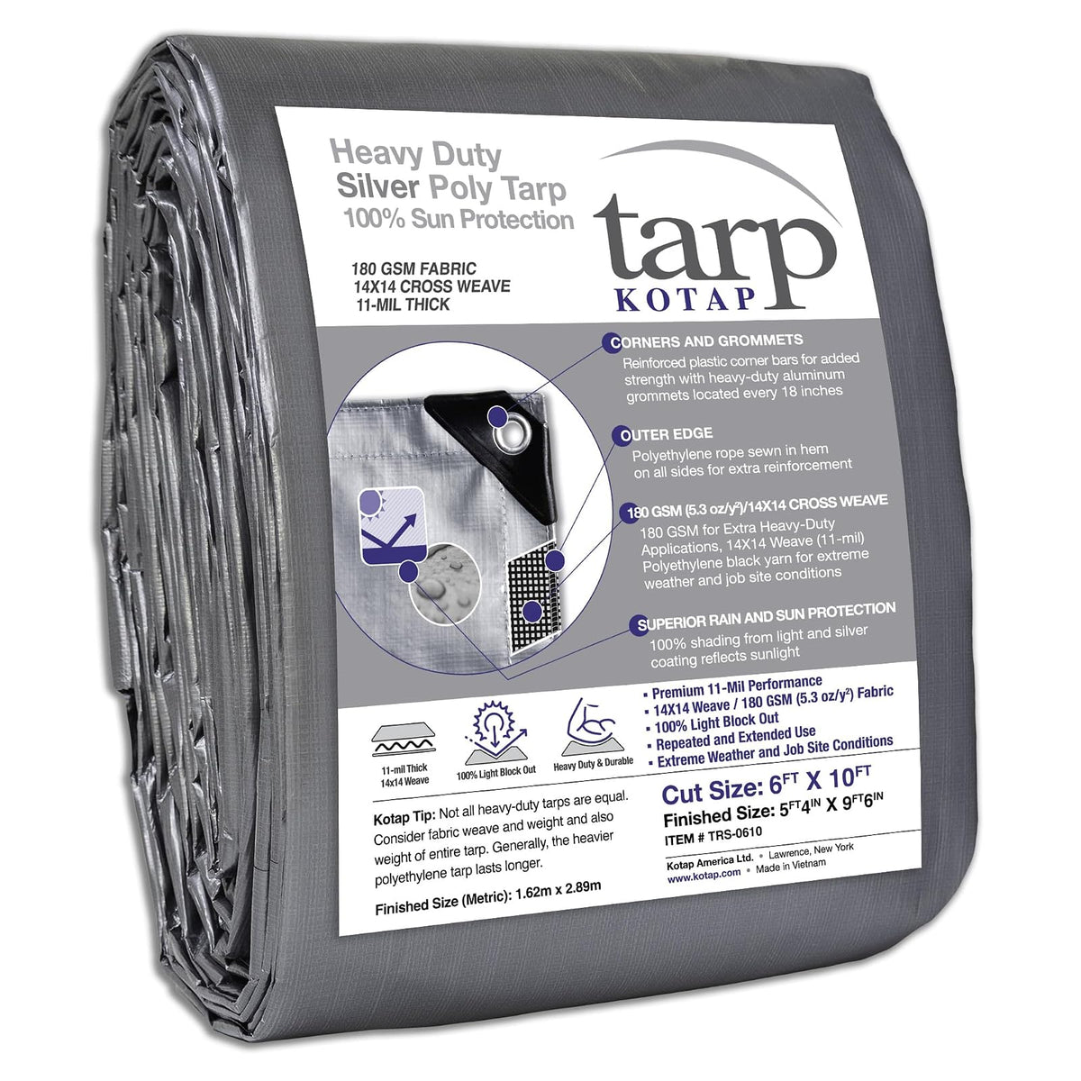 Kotap Lona de Polietileno Impermeable Multiusos, Varios Tamaños y Colores - Protección resistente, 10 mil - Size: 6' X 10' - Plata