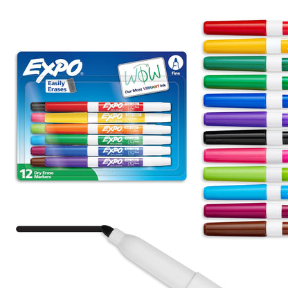 EXPO Marcadores de Borrado en Seco Punta Fina, Bajo Olor - Surtido de 12 unidades - Variado - 12 Count (Pack of 1)