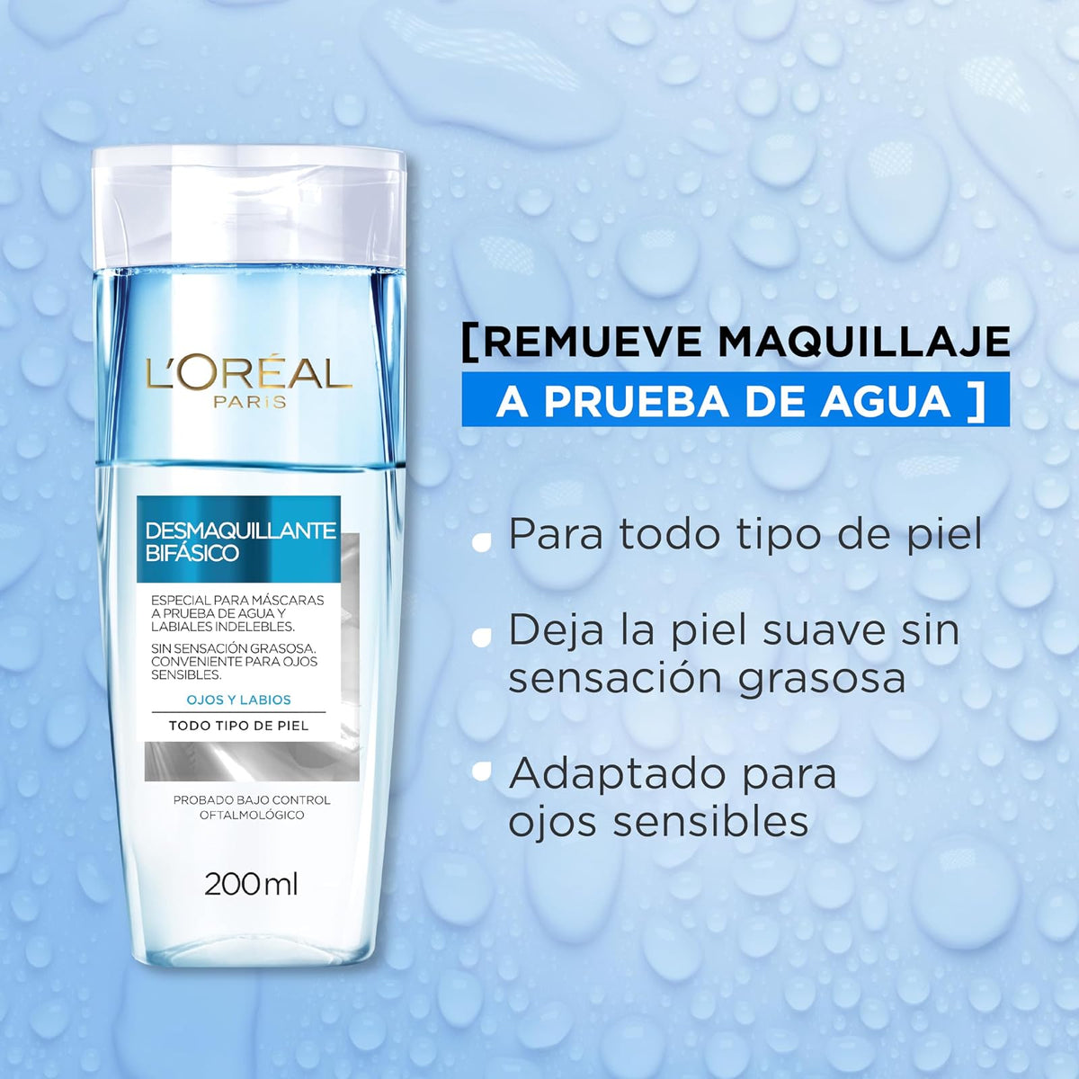 L'Oreal Paris Desmaquillante Bifásico para Ojos y Labios, Todo Tipo de Piel, 200ml.