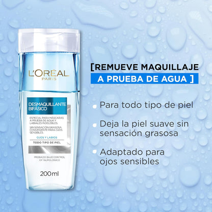 L'Oreal Paris Desmaquillante Bifásico para Ojos y Labios, Todo Tipo de Piel, 200ml.