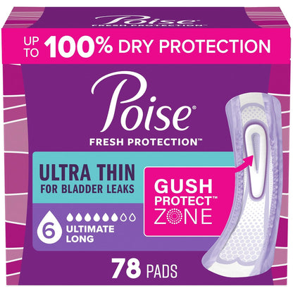 Poise Almohadillas de Incontinencia Ultrafinas, Máxima Absorción, Longitud Larga, 78 Unidades