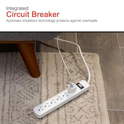 GE 6-Outlet Power Strip, 12 Ft Extension Cord, Flat Plug, Grounded, Integrated Circuit Breaker, 3-Prong, Wall Mount, UL Listed, White, 45195