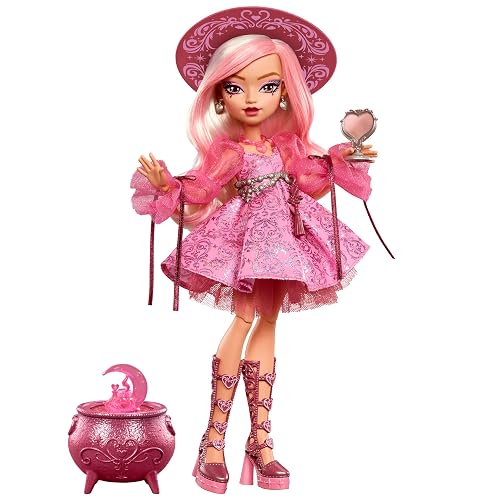 Monster High Muñeca Moonspell Magic Carina Song 4Y+ | Bruja del amor en vestido rosa con caldero sorpresa y accesorios: espejo, sombrero y libro de hechizos, JNM26