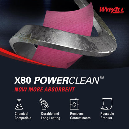 WypAll PowerClean X80 - Toallitas resistentes (41055), Jumbo, toallas de uso extendido, rojo (1 rollo de 455 hojas, 455 hojas en total)