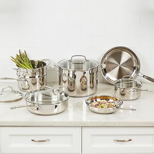 Cuisinart Batería de Cocina 11 Piezas Acero Inoxidable Chef's Classic | Acero inoxidbale con Aluminio encapsulado para calor uniforme, Mangos frescos, Compatible con inducción, Tapas de vidrio