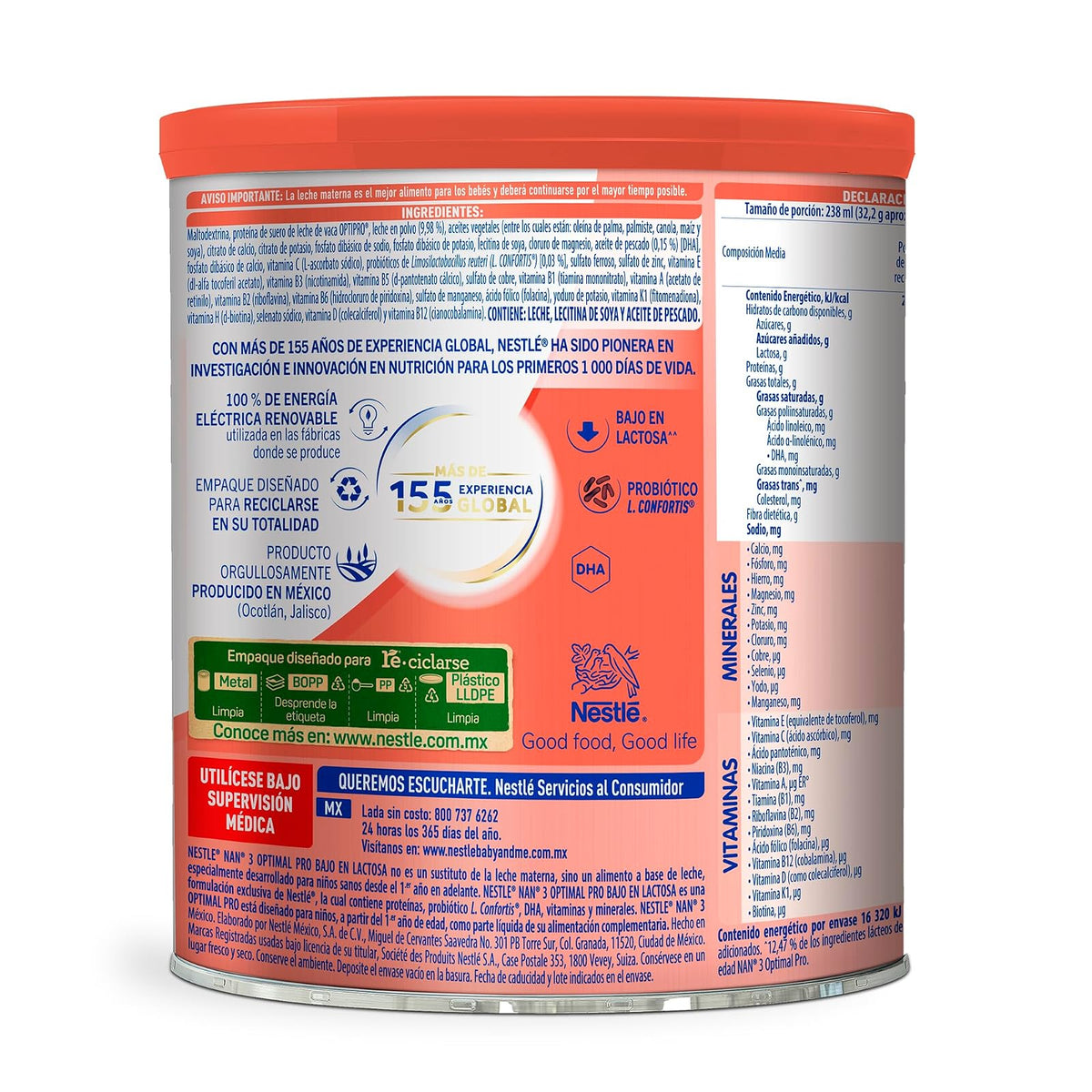 NAN 3 Optimal Pro Baja en Lactosa, Alimento Para Niños 1 Año, Lata de 800 g