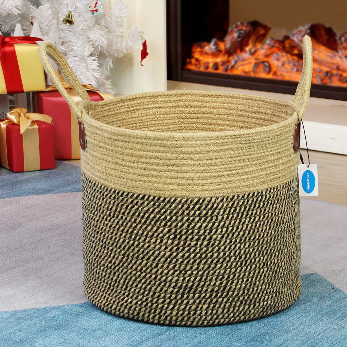 Casaphoria Cesta grande de yute tejida con asas, cesta de yute natural para ropa, manta para decoración del hogar, 14 x 14 x 12 pulgadas, paquete de 1, negro y yute