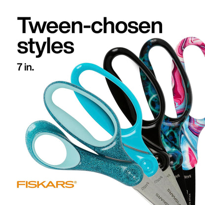 Fiskars - Tijeras para estudiantes de 7 pulgadas para niños de 12 a 14 años (paquete de 3), tijeras para la escuela o manualidades, suministros de regreso a la escuela, morado, azul y turquesa