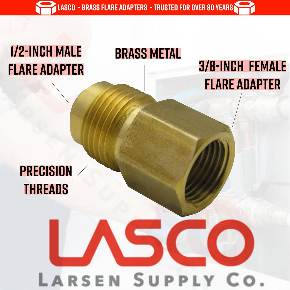 LASCO 17-5833 Adaptador de latón abocinado hembra de 3/8 pulgadas por abocinado macho de 1/2 pulgada