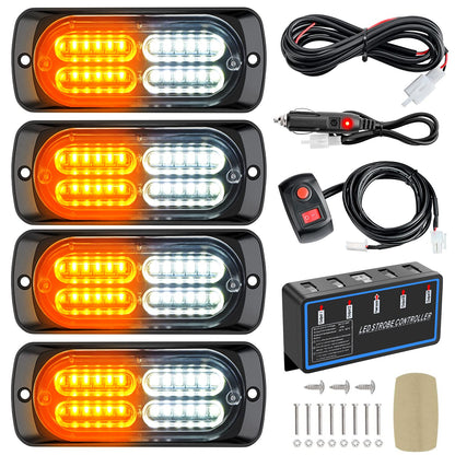 Nilight 4PCS LED Strobe lights 12V Sync Feature Amber White 24LED Emergency Hazard Warning Lights with Controller Hard Wire or Cigarette Lighter Plug for Car Truck RVs Campers