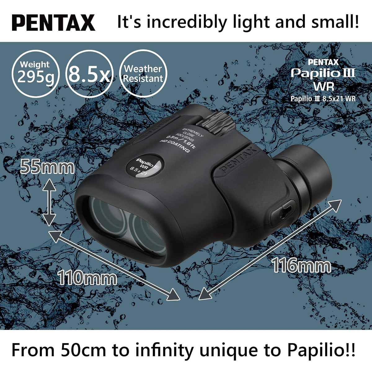 PENTAX Papilio III 8,5 x 21 WR Negro, 50 cm de Primer Plano a Infinity Focus, Cuerpo Resistente a la Intemperie, Nuevo Revestimiento HD, Adecuado para observar Objetos pequeños, para Viajes