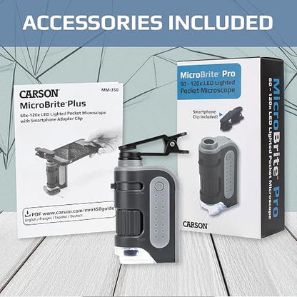 Carson Microbrite Pro - Microscopio de Bolsillo con Luz LED 60X-120x con Sistema de Lente Asférica y Clip Digital para Smartphone (MM-350)