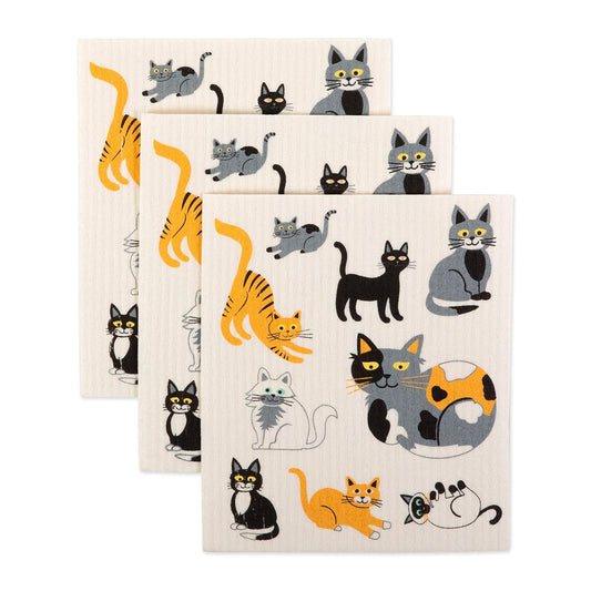 DII - Paños de Cocina suecos para Limpieza, Reutilizables, Lavables a máquina y Aptos para lavaplatos, biodegradables, 7.75 x 6.75 Pulgadas, Gatos en Todas Partes, 3 Piezas