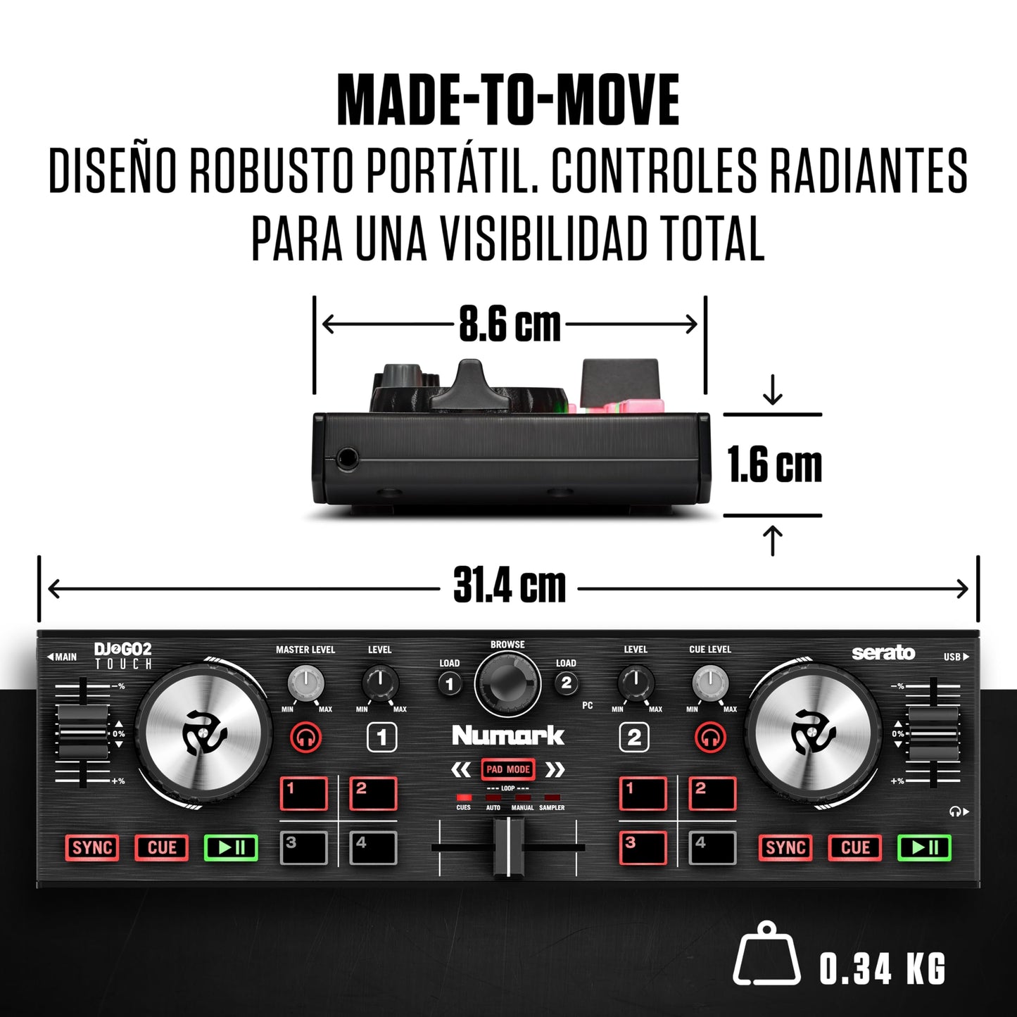 Numark DJ2GO2 Touch - Mini controlador DJ USB, 2 decks para Serato DJ con mezclador/crossfader, interfaz de audio y jog wheels de sensibilidad táctil